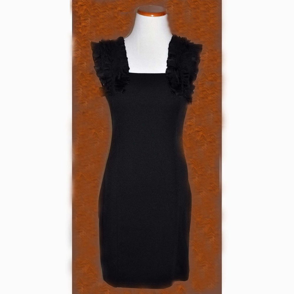 TOV Black Ruffled Shoulder Straps Square Neck Knee Length Little Black Dress